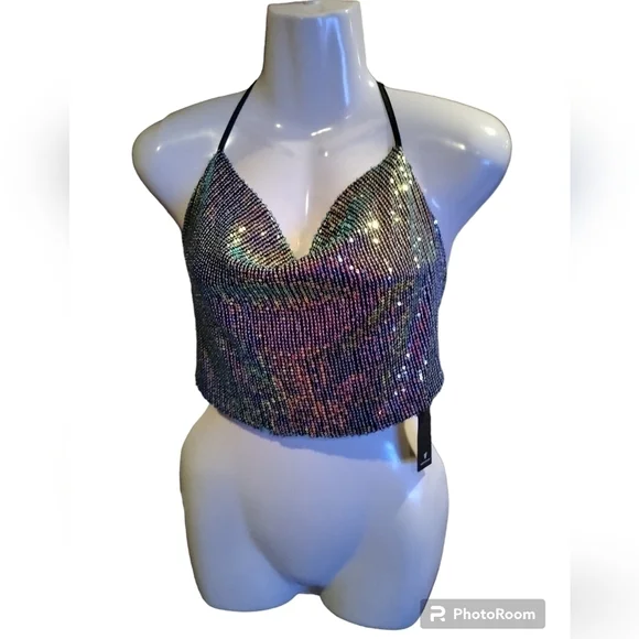 lulus sequin tie-back halter top xs cowl neck iridescent sequins cropped bodice - Picture 4 of 9